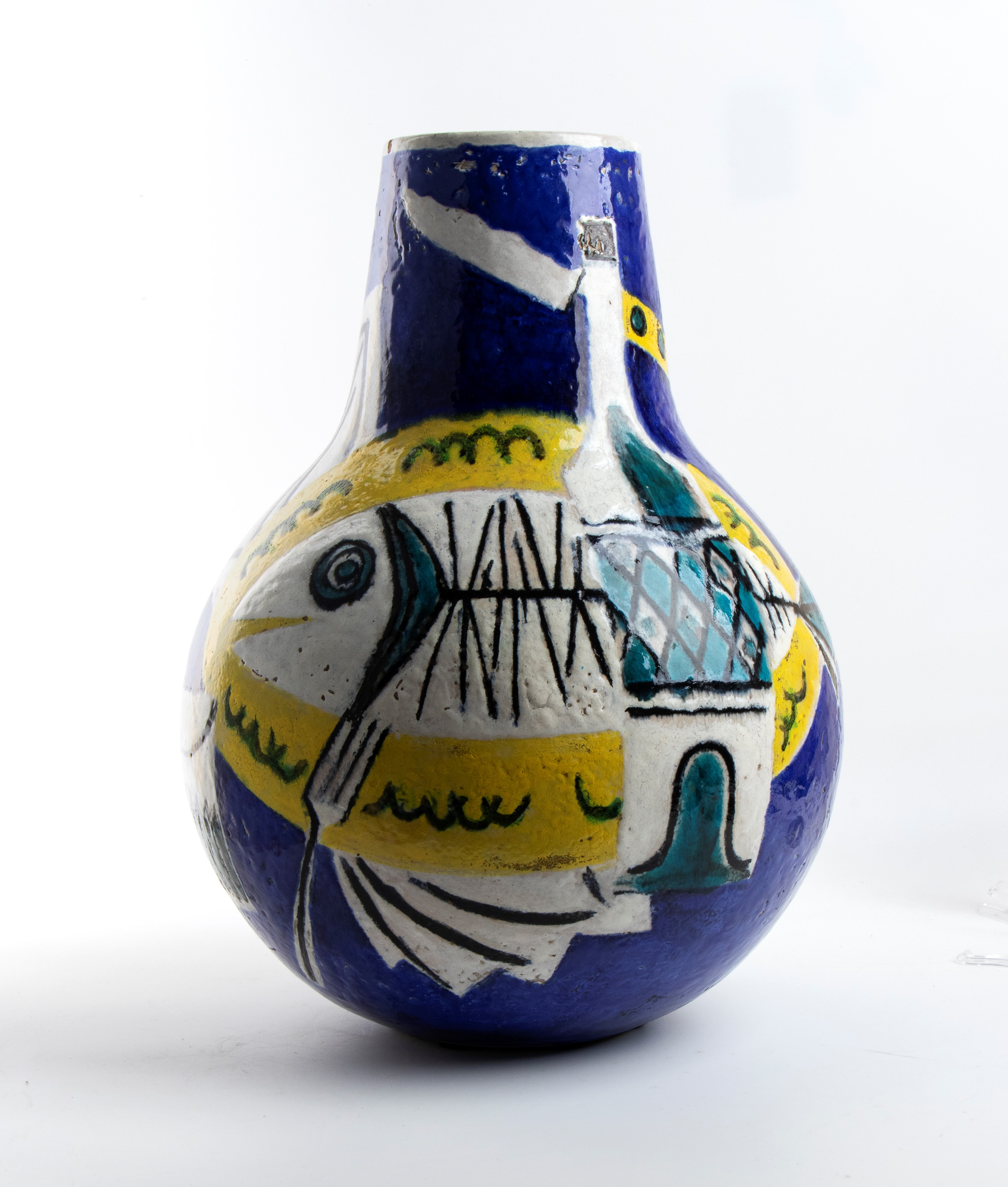 Guerrino Tramonti - Grande vaso in terracotta smaltata con decorazioni blu e gialle