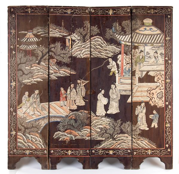 Bel paravento a quattro pannelli in lacca Coromandel, Cina
