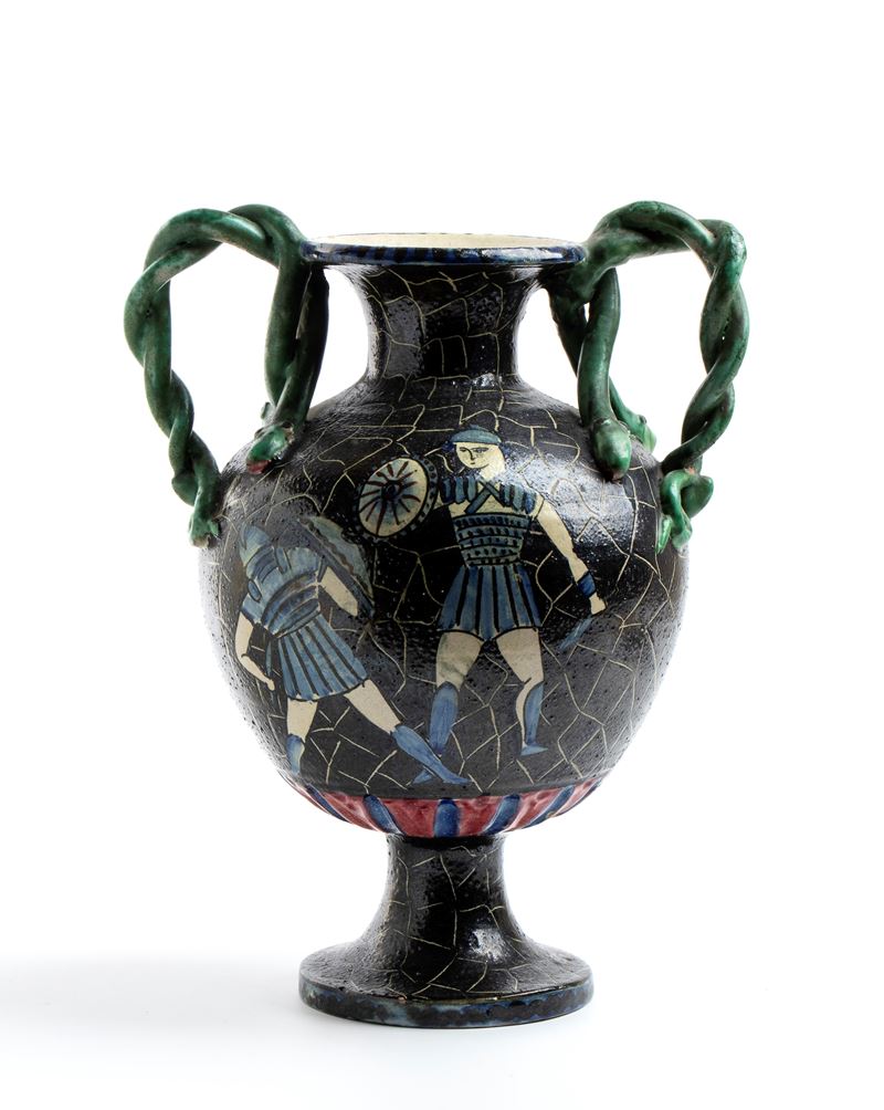 Vaso biansato con guerrieri