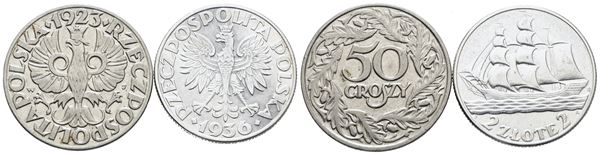 POLONIA. Lotto di due monete da 2 zlotych 1936 Ag, 50 grosky 1923. Conservazioni varie.