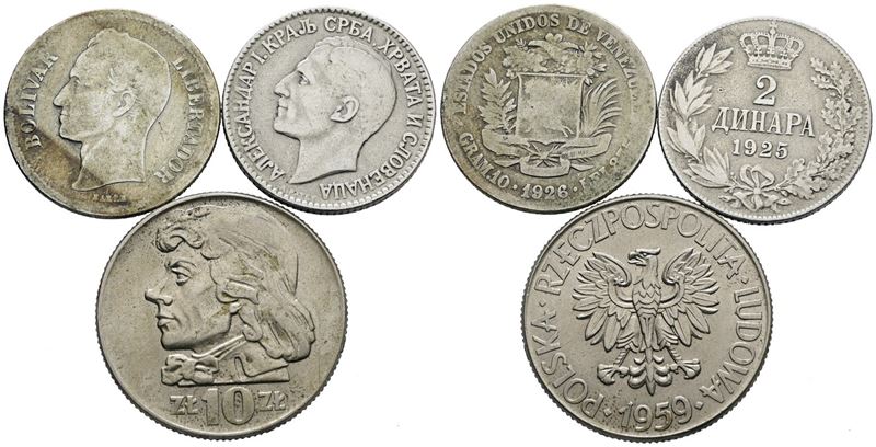 Lotto di 3 monete: Polonia, Serbia e Venezuela, Ag, Cu; Data e conservazione variabili