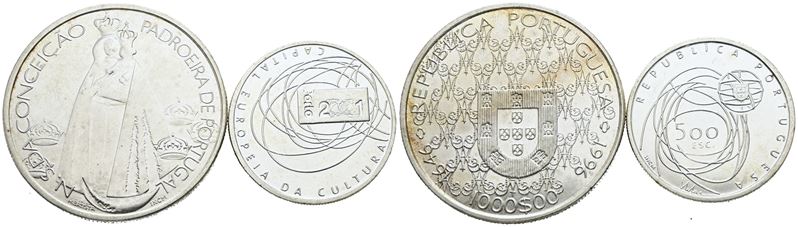 Portogallo. Lotto di 2 Monete da 1000 Escudos 1996, 500 Escudos 2001. Ag; Fdc