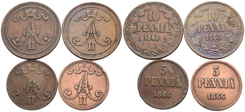Monete Finlandesi, Lotto di 4 monete da 10 e 5 pennia, Alessandro II (1855-1881), Cu