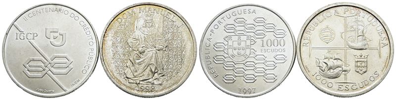 Portogallo, Lotto di 2 monete da 1000 escudos, anni 1997 e 1998, argento