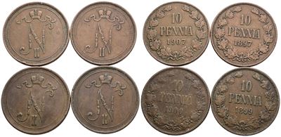Monete da 10 pennia, Finlandia, Nicola II (1894-1917), Lotto di 4 esemplari datati 1897, 1899, 19...