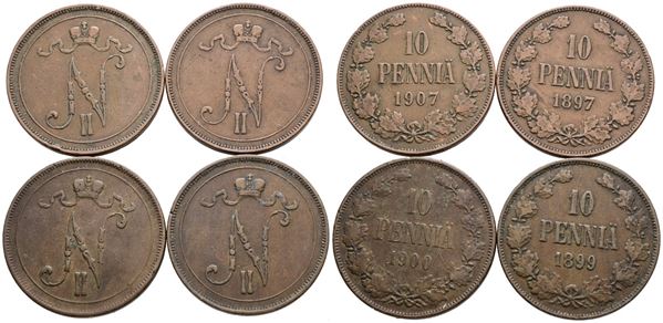 FINLANDIA. Nicola II (1894-1917). Lotto di 4 monete da 10 pennia 1897, 1899, 1900, 1907. CU. Conservazioni varie.