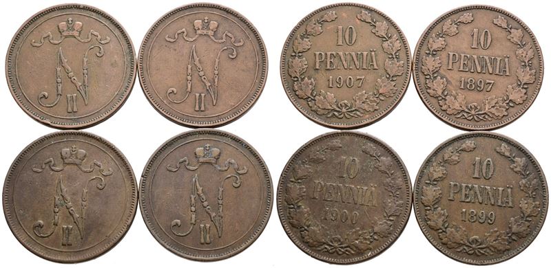 Finlandia. Nicola II (1894-1917). Lotto di 4 Monete da 10 Pennia 1897, 1899, 1900, 1907. Cu. Cons...