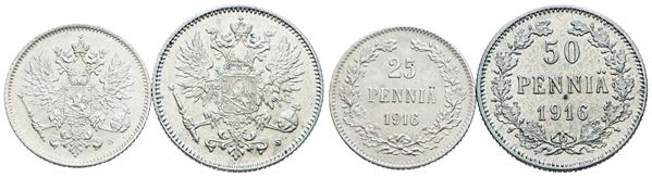 FINLANDIA. Nicola II (1894-1917). Lotto di 2 monete da 25, 50 pennia 1916. Ag. Conservazioni varie.