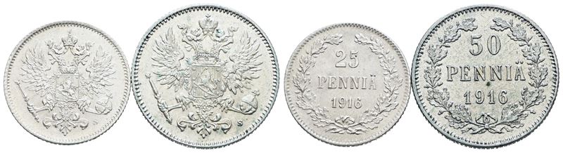Nicola II, Lotto di 2 monete da 25 e 50 pennia del 1916
