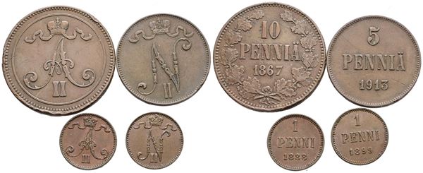 FINLANDIA. lotto di 4 monete da 1, 5, 10 pennia. Cu; Date e conservazioni varie.