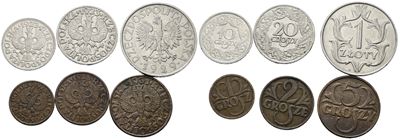 Polonia, Lotto di 6 monete da 1, 2, 5, 10, 20 groszy e 1 zloty