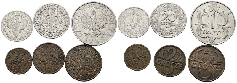 Polonia, Lotto di 6 monete da 1, 2, 5, 10, 20 groszy e 1 zloty