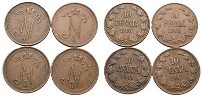 Nicola II, Lotto di 4 monete da 10 pennia (1908, 1911, 1915, 1916), Cu