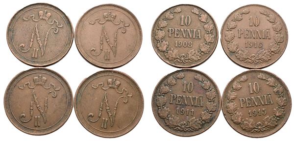 FINLANDIA. Nicola II (1894-1917). Lotto di 4 monete da 10 pennia 1908, 1911, 1915, 1916. Cu. Conservazioni varie.