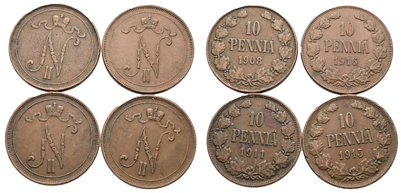 Nicola II, Lotto di 4 monete da 10 pennia (1908, 1911, 1915, 1916), Cu