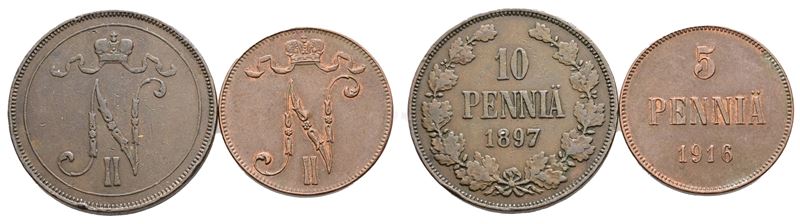 Finlandia. Nicola II (1894-1917). Lotto di 2 Monete da 10 Pennia 1897, 5 Pennia 1916. Cu. Conserv...