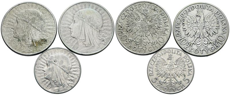 Polonia, Lotto di 3 monete da 10 e 5 zlotych