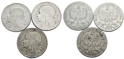 Polonia, Lotto di 3 monete da 5 zlotych del 1932 e 1934 in argento