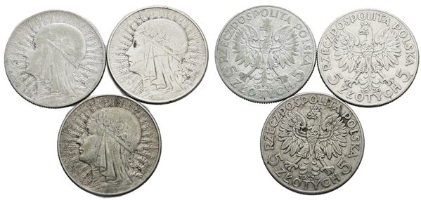 POLONIA. Lotto di 3 monete da 5 zlotych 1932, 1934, 1934. Ag; Conservazioni varie.