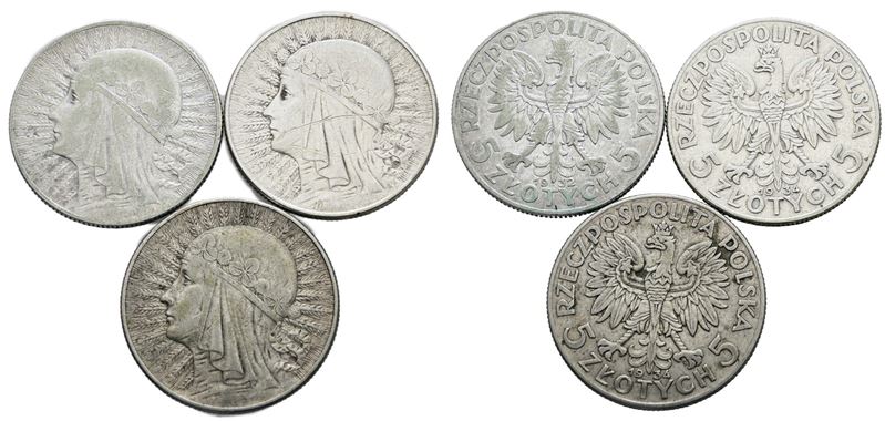 Polonia, Lotto di 3 monete da 5 zlotych del 1932 e 1934 in argento
