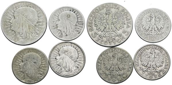POLONIA. Lotto di 4 monete da 5, 2 zlotych. Ag; Date e conservazioni varie.