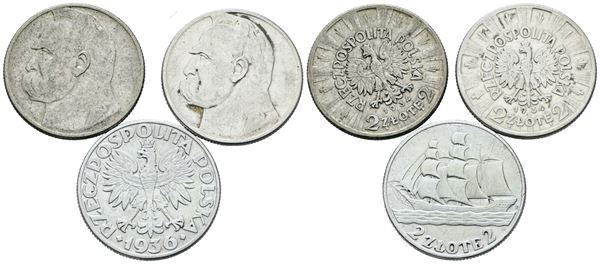 POLONIA. Lotto di 3 monete da 2 zlotych, 1934, 1934, 1936. Ag; Conservazioni varie.