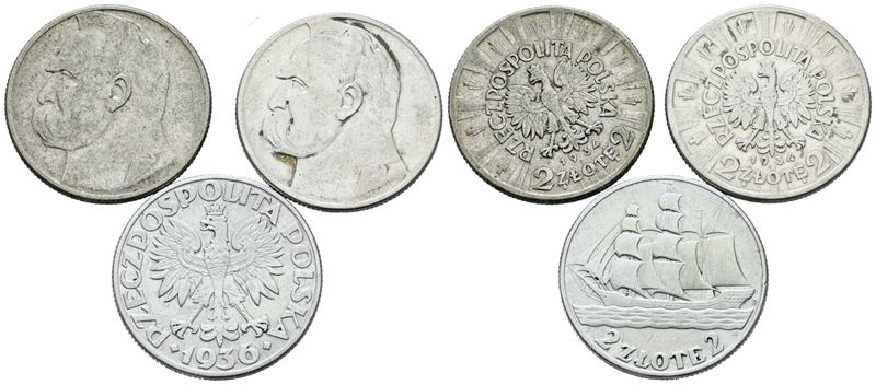 Polonia, Lotto di 3 monete da 2 zlotych, anni 1934 e 1936, Argento