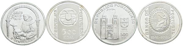 PORTOGALLO. Lotto di 2 monete da 500 escudos 1995, 1996. Ag; FDC