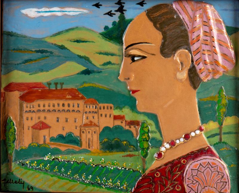 Paesaggio di Urbania con profilo di donna in costume