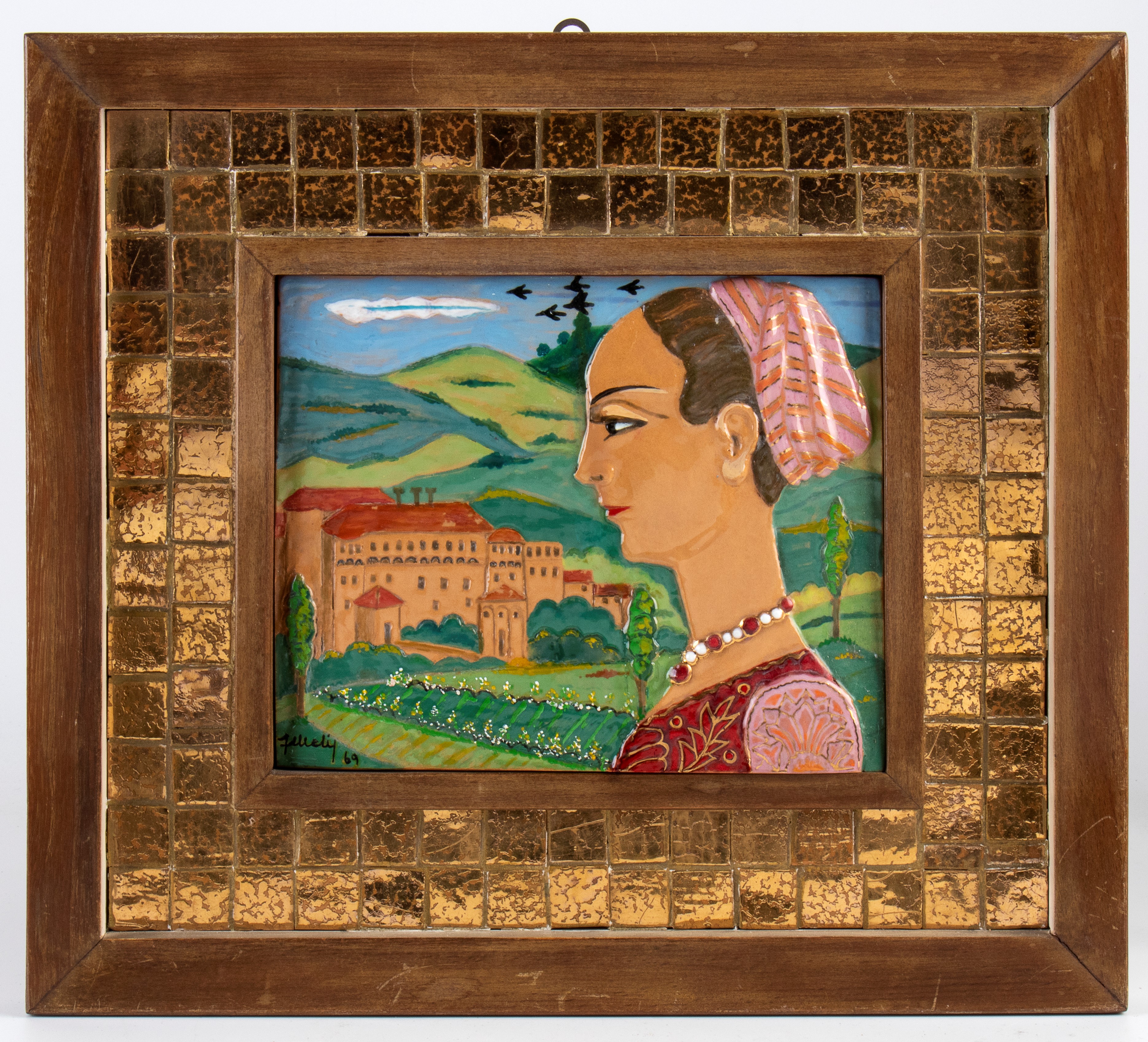 Paesaggio di Urbania con profilo di donna in costume