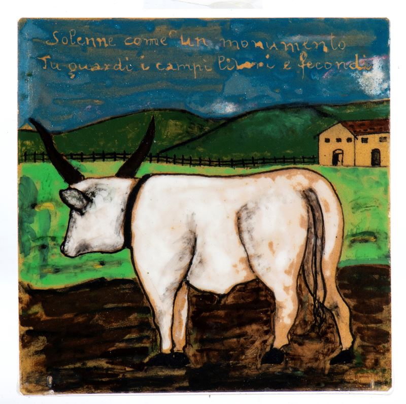 Mattonella con bove in campagna