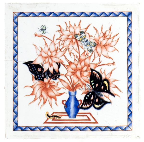GIO PONTI - Mattonella con decoro di fiori, farfalle e bruco