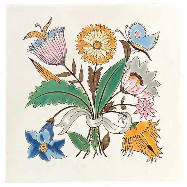 GIOVANNI GARIBOLDI, RICHARD-GINORI - Mattonella con decoro di fiori con farfalla