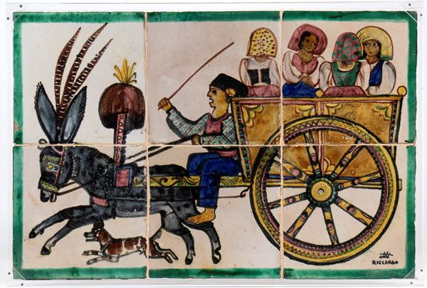 RICHARD DÖLKER - Grande maiolica composta da sei mattonelle con decorazione di carro festoso