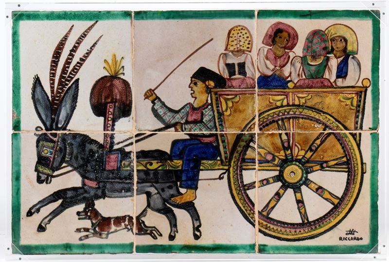 Grande maiolica composta da sei mattonelle con decorazione di carro festoso