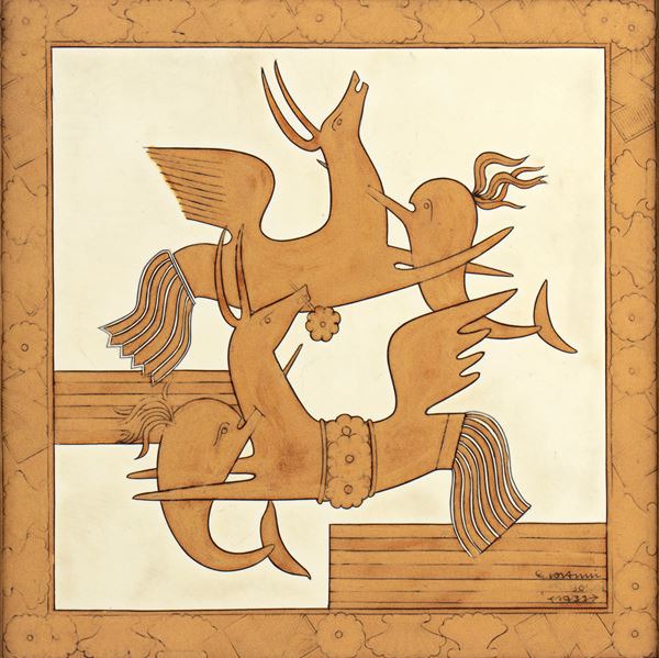 GIOVANNI GARIBOLDI, RICHARD-GINORI - Mattonella con decoro di animali fantastici