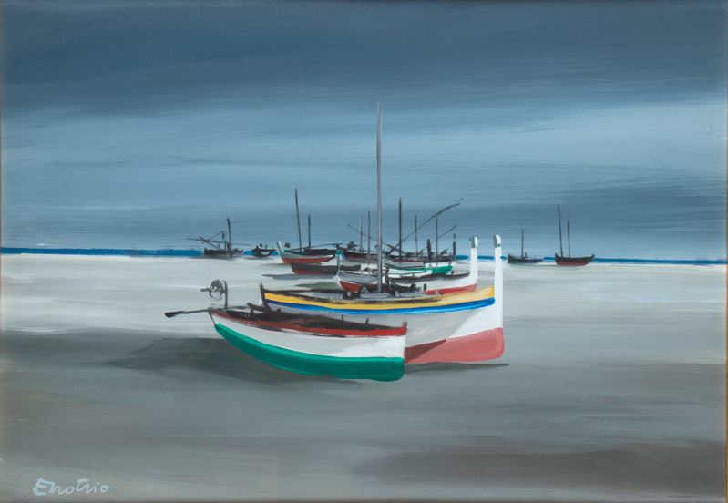 Enotrio Pugliese - Spiaggia con barche, olio su tela