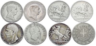 Regno d'Italia, Lotto di 4 monete in argento da 2 e 1 lira