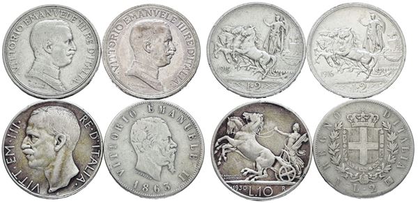 REGNO D'ITALIA. Lotto di 4 monete in argento da 2, 1 lira. Ag; Varie conservazioni.