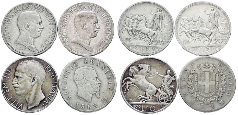 Regno d'Italia, Lotto di 4 monete in argento da 2 e 1 lira