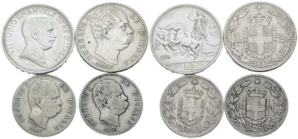 REGNO D'ITALIA. Lotto di 4 monete in argento da 2, 1 lira. Ag; Varie conservazioni.