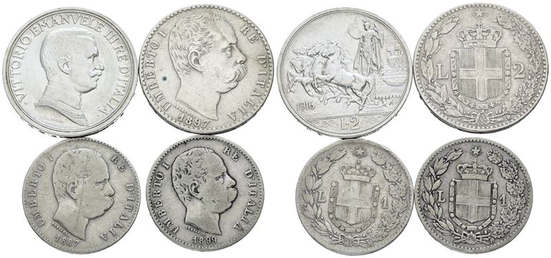 Regno d'Italia, Lotto di 4 monete in argento da 1 e 2 lire