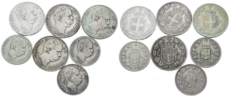 Umberto I, Lotto di 4 monete in argento da 2 e 1 lira, Regno d'Italia (1878-1900)