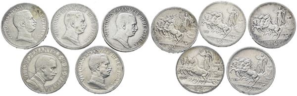 REGNO D'ITALIA. Vittorio Emanuele III (1900-1943). Lotto di 5 monete in argento da 2 lire. Ag; Varie conservazioni.