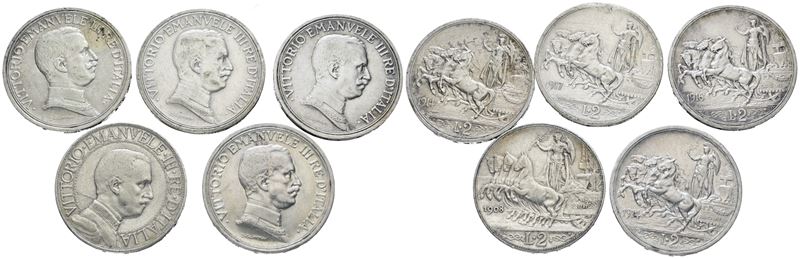 Vittorio Emanuele III, Lotto di 5 monete in argento da 2 lire (1900-1943)