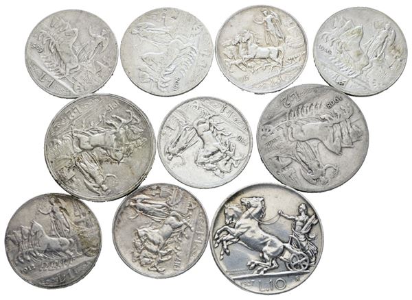 REGNO D'ITALIA. Vittorio Emanuele III (1900-1943). Lotto di 10 monete in argento. Ag; Varie conservazioni.
