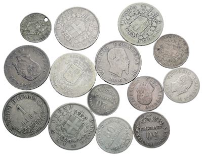 Monete italiane, Lotto di 14 monete in argento da 2 e 1 lira, Vittorio Emanuele II (1861-1878)