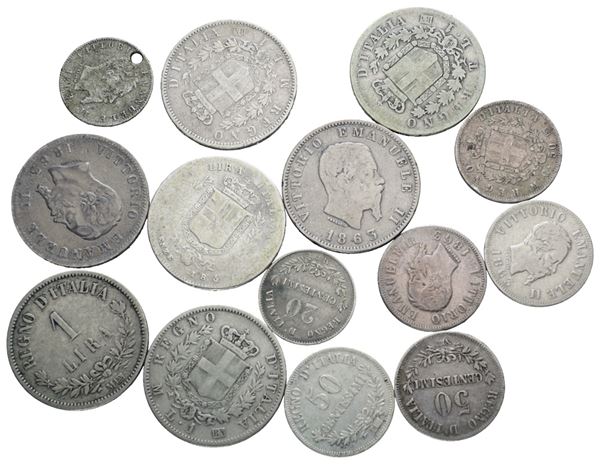 REGNO D'ITALIA. Vittorio Emanuele II (1861-1878). Lotto di 14 monete in argento da 2, 1 lira. Ag; Varie conservazioni.