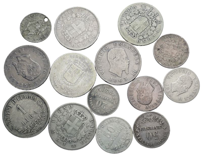 Monete italiane, Lotto di 14 monete in argento da 2 e 1 lira, Vittorio Emanuele II (1861-1878)