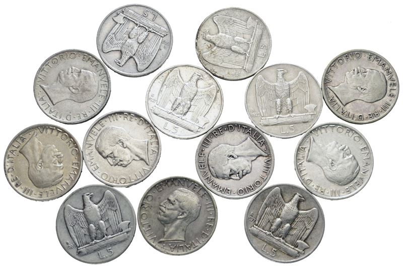 Regno d'Italia, Vittorio Emanuele III, Lotto di 14 monete da 5 lire 'Aquilotto', Argento, Varie d...
